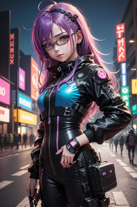 ((cyberpunk)),optical camouflage、virtual reality glasses、Neon light、cidade do futuro、Shiny jumpsuit、(1girl em, sozinho:1.6),(sorriso bonito),(The clothes are simple), (Melhor Impacto:1.5), (maximalismo:1.7), Vivid contrast, (Realistic), Hyperrealistic illu...