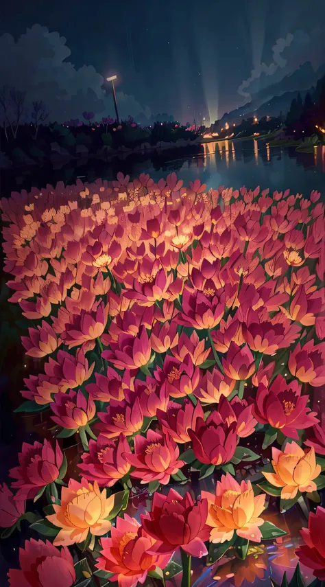 The flowers are illuminated by water in the dark, Glowing flowers, rose pink lighting, Luminous flowers, beautiful light up, soft bloom lighting, Beautiful!!, beautiful illumination, Floating lights, author：Shinji Aramaki, beautiful glowing lights, field o...