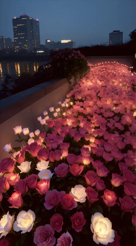 At night, the flowers on the roof are lit in the dark, Glowing flowers, Luminous flowers, lights with bloom, beautiful light up, rose pink lighting, field of flowers at night, beautiful illumination, Soft glow, beautiful glowing lights, light bloom, captiv...