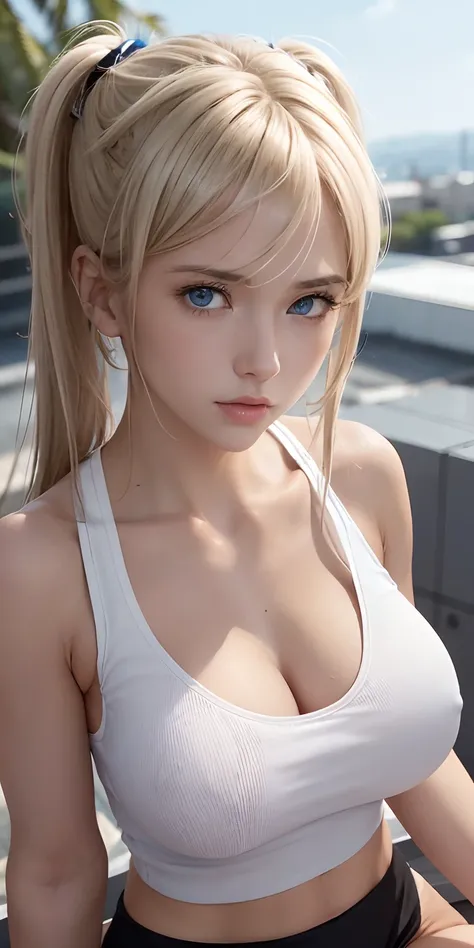 1girl,(white tank top,black short),blonde hair,twintail hair,blue eyes,sitting a roof,night, detailed face, detailed eyes, huge breasts,topless,Nipple, shiny skin, looking at the audience, (8k, RAW photo, best quality, masterpiece: 1.2), (realistic, realis...