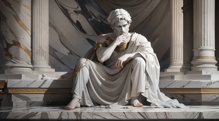 A realistic Greek white marble statue of thoughtful brave Aristotle detailed wearing a ghostly toga, fundo neutro, Moody, , fotorrealista, thoughtful movie dinner, super detalhada, hiper realista, luzes brilhantes, 8 K