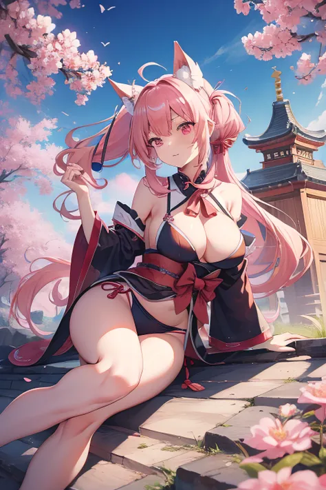 [masutepiece：1.2,Best quality],[dynamic ungle],[动态照明],Colossal tits、shrine maiden、Trance、Side pony、full body Esbian、There is a bulge on the chest、spread their legs、Pink hair