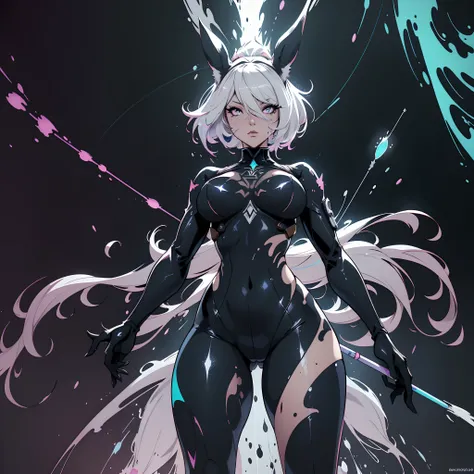 (1980s anime), nier 2b, nier automata, rabbit woman, fran the viera, fran from final fantasy 12, sorrowful, (ink splash cgi), viewed from below, ahri, kda ahri, opalescent, holographic, neon chalk, (ink splash art:1.4), eclipse, an island scape, superstar,...