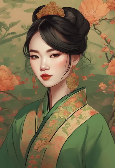 A cartoon illustration of a girl in a Green Chinese style Hu clothing over art by mrs becca doodlefly, in the style of grunge beauty, sandara tang, mixed patterns, text and emoji installations, close up, charming character illustrations, folkloric --s 400