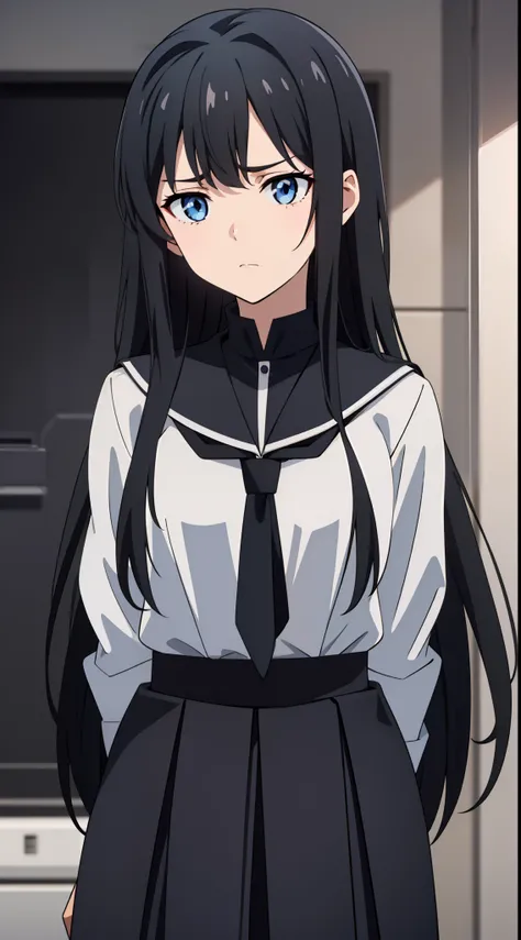 anime girl with long black hair and blue eyes in a school uniform, very detailed face, spiky black hair, bashful, shes sad, ultra detail, hight quality, best quality