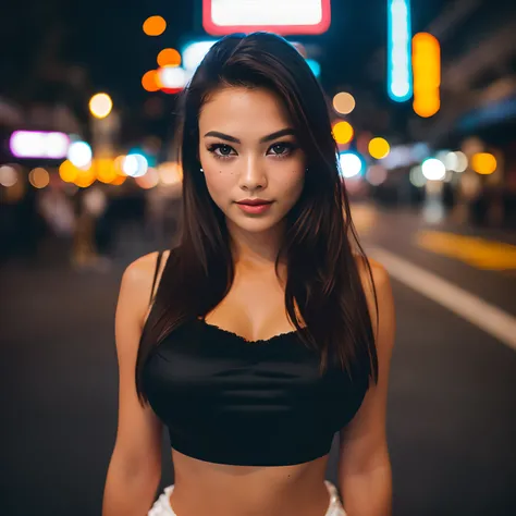 (selfie, top view: 1.4), (straight half of the body: 1.4), RAW UHD portrait photo of a 24-year-old brunette (brown-eyed woman) walking down a dark alley, large breasts,, city at night, (skirt), (neckline), details (textures! , hair! , glitter, color!! , di...