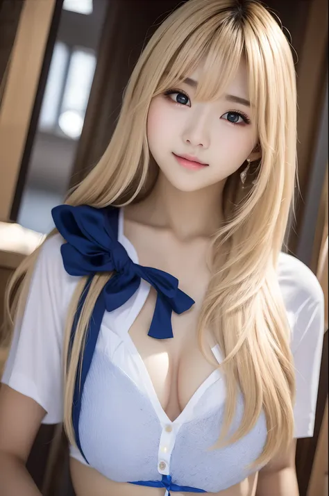 1 girl、japanes、student clothes、blue-sky、bright and very beautiful face、young, shiny white shiny skin、best looks、blonde hair with...