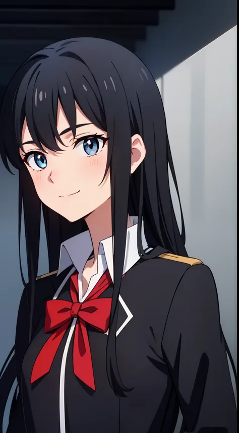 anime girl with long black hair and blue eyes in a school uniform, very detailed face, spiky black hair, bashful, smile at me, ultra detail, hight quality, best quality