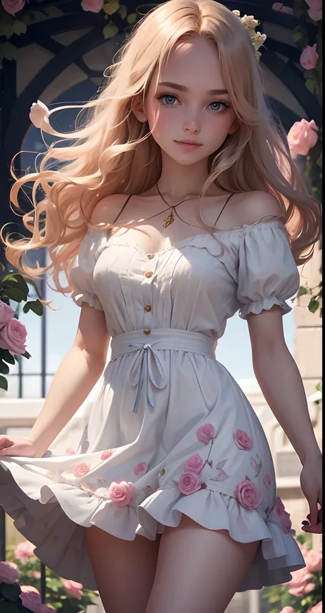 Full portrait photo from below of a beautiful 18-year-old girl with golden hair, standing next to a trellis of French roses, "Blue eyes, radiant smile, slim waist, long white legs... "