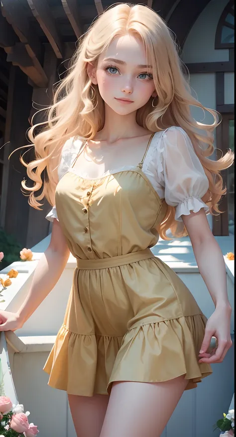 Full portrait photo from below of a beautiful 18-year-old girl with golden hair, standing next to a trellis of French roses, "Blue eyes, radiant smile, slim waist, long white legs... "