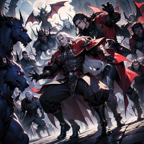 Castlevania Battle Scenes Shadow Lord with white long hair red glowing crystal eyes Hyper Realistic Super Detailed Legendary Lord Dracula leading troops army of demons to fight sharp details Cutscenes Epic Legendary Hyper Realistic Super Detailed Super Rea...