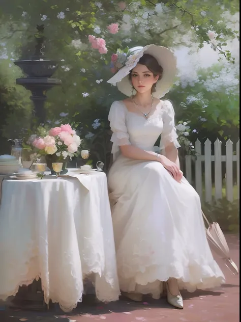 Transport yourself to a bygone era with this exquisite prompt. Imagine a beautiful lady, elegantly posed in a garden, wearing a large floral hat that adds a touch of whimsy to the scene. The fine art painting captures every detail of her attire and surroun...