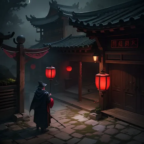 nigth，Night，Faint moonlight，Chinese courtyard entrance，wood door，Stone walls，Two big red lanterns hang at the door，A man in a black cloak，Wear a cape on his head，Holding a nine-ring tin staff，a black cloak，super-fine，super high image quality，Cinematic ligh...