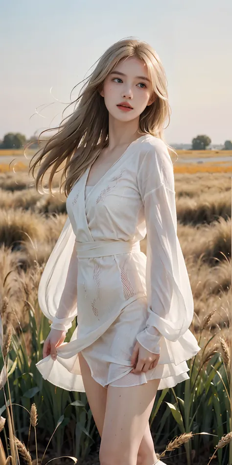 full bodyesbian, Portrait of cute blonde girl, Standing on a wheat field (((looks away))), full bloom, orange fog, Exercise, floated hair, Realism, High-quality rendering, stunning art, High quality, filmgrain, Fujifilm XT3, Dreamy, Acne, freckle, imperfec...