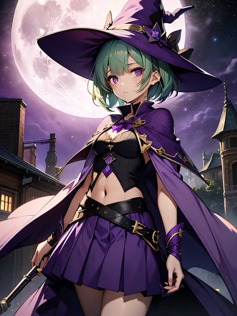 top-quality、extremely delicate and beautiful、(A teenage girl)、Purple Eye、Green hair、short-haired、(purple witch hat)、Purple tie、Soio、shortsleeves、Purple skirt、Purple Wizard Robe、Navel、is standing、Full moon night on background