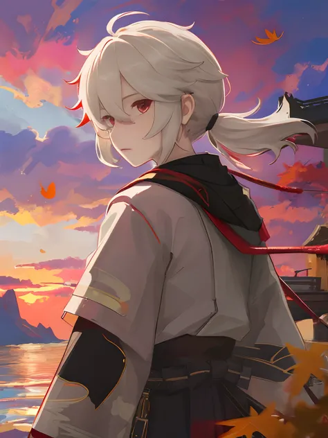 sunset, maple leaves falling, white hair, a strand of red hair, japanese samurai costume, shinkai makoto style sky, looking back...