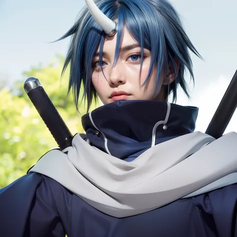 masterpiece, best quality, ultra detailed, highly detailed, 1boy, blue eyes, blue eyeshadow, blue hair, white horn, two black sword handle