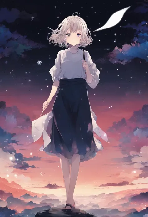 starrysky，The characters are small，Little fresh girl，The figure is shrouded in shadows，Pitch black night sky，Characters with their backs，looking at the stars，landscape