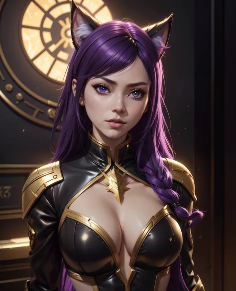 arafed woman in a black and gold costume with purple hair, seraphine ahri kda, wlop and artgerm, artgerm ; 3d unreal engine, fantasy art style, hyperdetailed fantasy character, 8k high quality detailed art, ig model | artgerm, 2. 5 d cgi anime fantasy artw...