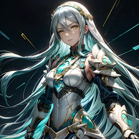 Azura, aqua fire emblem fates, yellow eyes, white mecha armor, silver electronic armor, blue energy, glassy futuristic city background, portrait shot