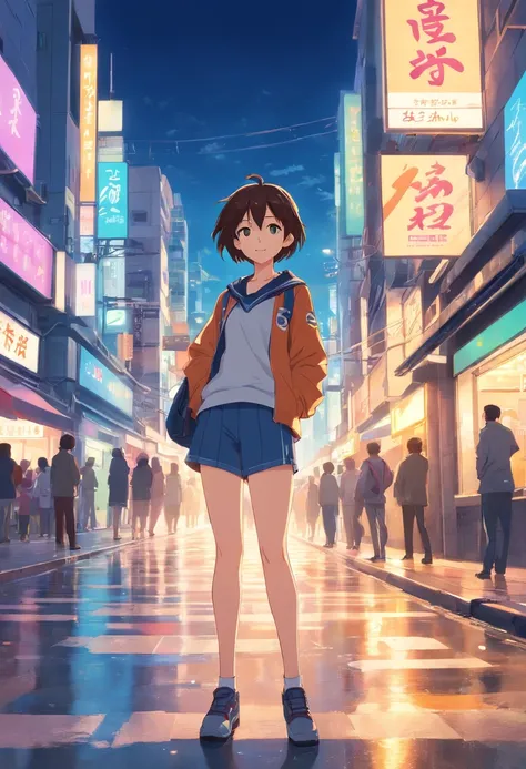 Standing on the streets of a bustling city、Backlight background to highlight subject、High contrast colors、4K high-definition quality、年轻、a smile、daili、Boy transformed into anime style with exaggerated unique facial features and clothes、15yo student