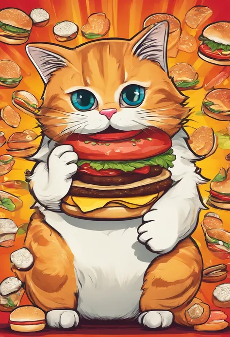 A cat eating a burger, vibrant colors, mouth-watering and delicious, detailed texture on the bun and toppings, high-resolution photography, natural lighting, close-up shot, appetizing presentation, juicy patty, crispy lettuce, melted cheese, fresh tomatoes...