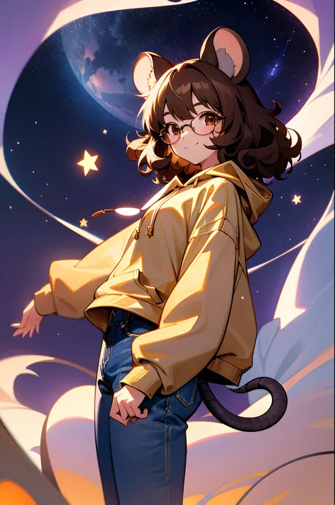 1girl, 独奏, brown hair, Medium Hair, curly hair, eyeglasses, Brown eyes, Oversized hoodie, Lavender Hooded Sweatshirt, blue jeans, Mouse ears, mouse tail, The sky, Stars, luna, Smiling