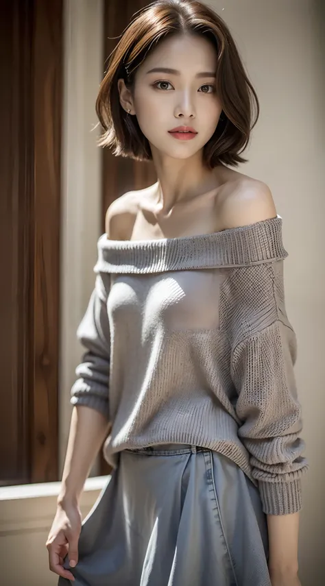 Close up of woman in grey shirt posing for photo, gray shirt, shoulder - length, off shoulder shirt, korean female fashion model, grey sweater, attractive girl, Gorgeous young Korean woman, photo 85mm, With short hair, gorgeous woman, Small shoulders, wear...