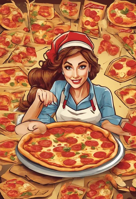 A girl holding pizza flyers, colorful illustrations, digital art, high-resolution printing, attractive designs, vivid colors, mouth-watering food, eye-catching typography, modern graphics, professional layout, appetizing images, tempting offers, attention-...