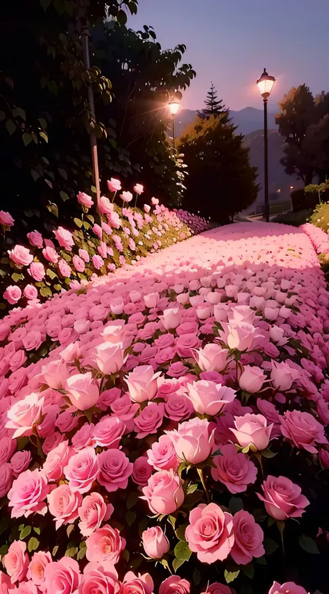 There are many pink roses in the fields with street lights, rose pink lighting, soft light 4 k in pink, rosses, rosette, laying on roses, beutifull, with soft pink colors, Pink flowers, light pink tonalities, roses in cinematic light, Beautiful large flowe...