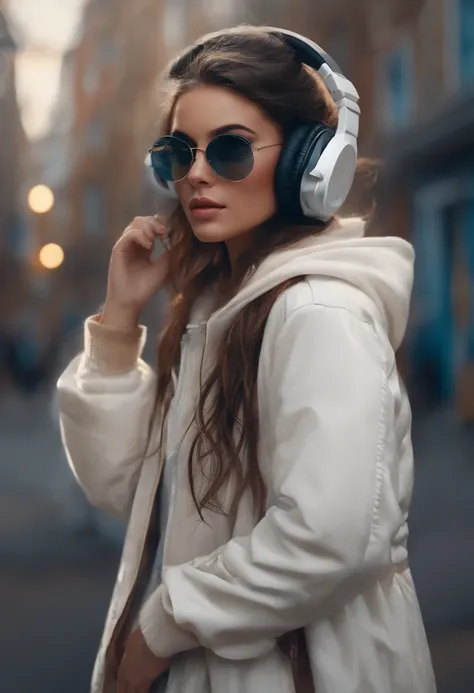 Perfect centering, a cute little cat, Wear a student jacket, Wearing sunglasses, Wearing headphones, Standing position, Abstract beauty, Centered, Looking at the camera, Facing the camera, nearing perfection, Dynamic, Moonlight, Highly detailed, Digital pa...