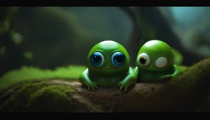 Two aliens on the planet Green skin Blue eyes Chubby cute