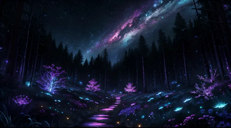 Colorful bioluminescence plants in forest, crystals and glowing path, fireflies, Pandora planet at night, blue and pink glow, epic landscape in background, hazy planet in the sky, galaxy and stars in the sky, rim light, volumetric light, colorful, contrast...