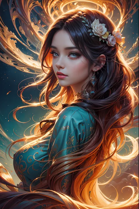 a painting of a woman with a long hair and a swirly hair, digital art inspired by Cyril Rolando, trending on cg society, fantasy art, jen bartel, digital art fantasy, colorfull digital fantasy art, gorgeous digital art, beautiful art uhd 4 k, digital art f...