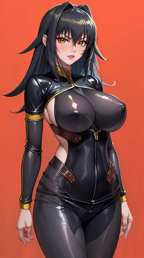 (masterpiece:1.4),(best quality:1.4, highres), beautiful face, beautiful eyes, 1girl, solo, female mature, black hair, long hair, (yellow eyes:1.4), large breasts, black bodysuit latex, ((simple background)), hair intakes, exquisite eyes detail, exquisite ...