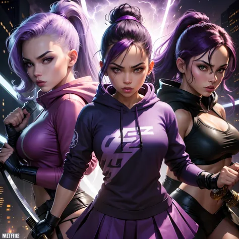 graphic novel style, ready to fight villains, houston texas, night time, purple smoke, two beautiful crime fighting models, one caucasian with light purple hair, one mixed African American with dark hair, 23 years old, wearing hoodies, skirts, pony tails, ...