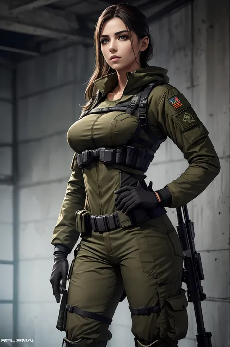 Obra prima , RAW Camera , ultra qualidade , volumeric lighting, HDR, Max Resolution, Garota linda , estilo  militar , estilo de roupa do jogo  Call of Duty , Generic Game Character ,  roupa camuflada e sexy , mulher musculosa e com enormes quadris , cintur...