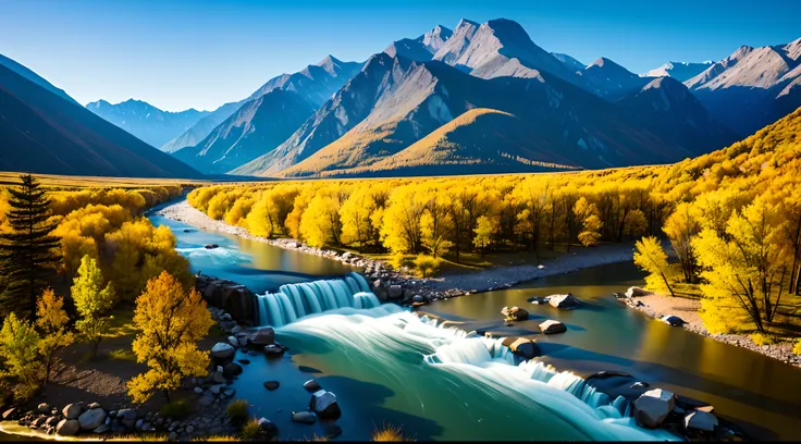 Mountains and rivers: Capture the image of a river that runs through a mountainous landscape to create a dramatic and natural image.