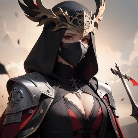 (top Quority，Rich cleavage，《The ultra-realistice》，《8K high-definition》：1.2)，Inside Valhalla，assassins creed，The red and black cloak covers the head，Expose your eyes，Red eyes，"Eyes glowing red"，Full face metal mask，With a knife on his back，Cross your arms o...