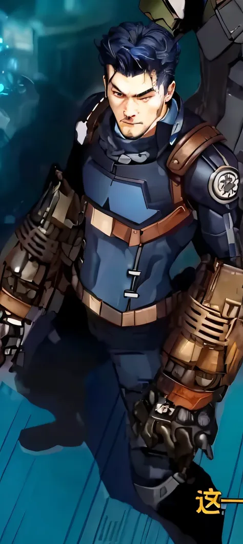 A close-up of a man in a suit and a robot, 《god of thunder》Kolg as a soldier, dark blue segmented armor, thick armor, huge detail, Blue armor, steampunk superhero, character art closeup, expert high detail concept art,