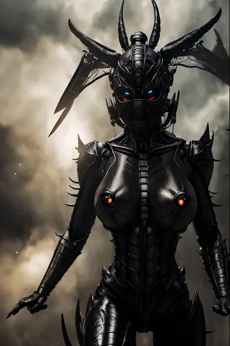 (photo realistic:1.4), (hyper realistic:1.4), (realistic:1.3), (smoother lighting:1.05), (increase cinematic lighting quality:0.9),Black Grasshopper Maskde Rider Black,(huge breasts),nipple standing up,Eyes glowing mechanically,mechanised modified human,cl...