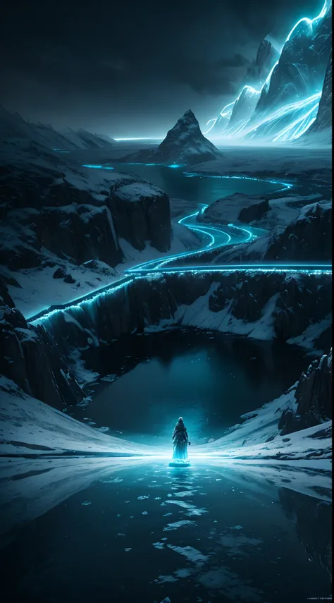 Hd wallpaper, glowing arcs and metalic light chains of  in frozen surface of the lake, top view photography in the style of cinematic poster and high clarity, in the style of game of thrones, unpleasant, horror, terrifying look, uhd, 8k resolution, balance...