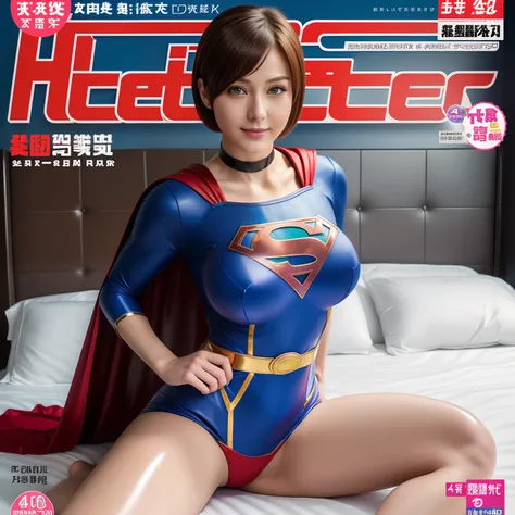 (Best Quality,4K,8K,hight resolution,masutepiece:1.2),Ultra-detailed,Realistic:1.37,Super masterpiece,Short-haired Supergirl sitting on bed、large full breasts、Looking at the camera、Glossy costume、a choker、bare-legged、Weekly magazine cover、Cheerful pose