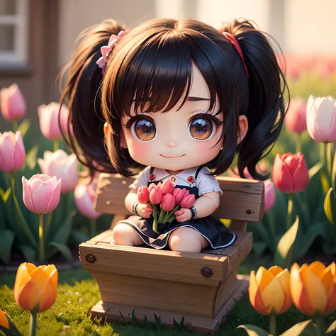 ​masterpiece、top-quality、ultra-detailliert、(Chibi Thumb Princess:1.2)、Sit on red tulips、Open your mouth and smile、Colorful tulip fields、Dazzling morning light