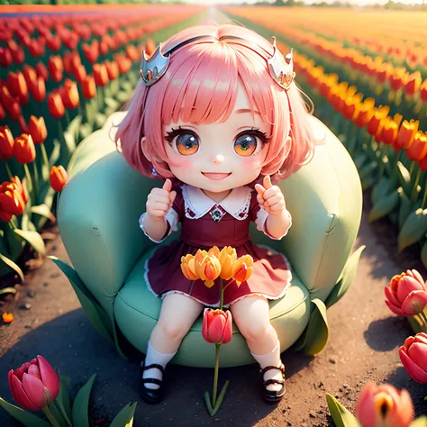 ​masterpiece、top-quality、ultra-detailliert、(Chibi Thumb Princess:1.2)、(Sit on red tulip flowers:1.3)、Open your mouth and smile、Colorful tulip fields、Dazzling morning light