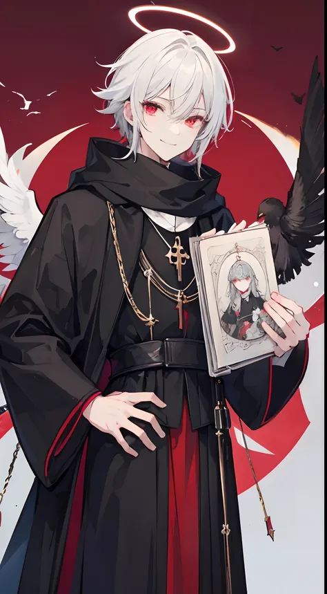 tall male, vicar, black coat, scarf with cross motifs, short fluffy white hair, red eyes, smiling, holy background, tarot background, pigeons, halo, bible, soft blue and red palette