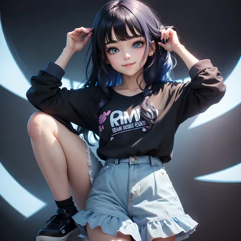 Anime girl, face: cuteness and smiling, eyes: cute and blue colour, clothes: modern clothes blue colour, hair: half black and half blue with best hairstyle, background: black.