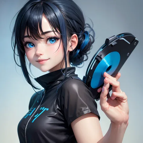 Anime girl, face: cuteness and smiling, eyes: cute and blue colour, clothes: modern clothes blue colour, hair: half black and half blue with best hairstyle, background: black.