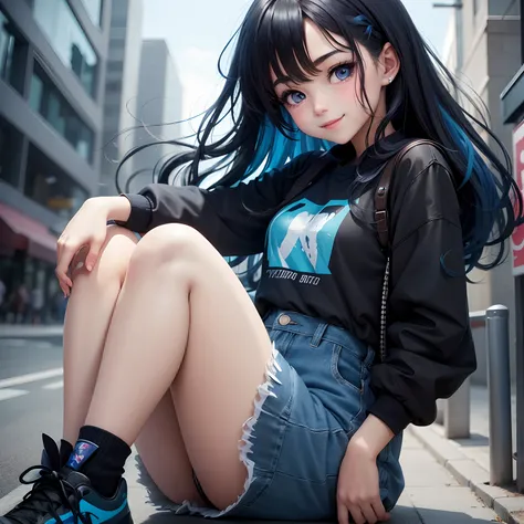 Anime girl, face: cuteness and smiling, eyes: cute and blue colour, clothes: modern clothes blue colour, hair: half black and half blue with best hairstyle, background: dark black.