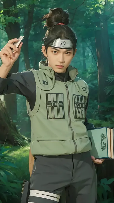 Real life adaption of this character,his name is Iruka from anime Naruto, adult handsome face, (realistic same Hair tied up), ((realistic same outfit)), realistic headband,hyper realistic, realistic background , realistic light, realistic shadow, realism,(...